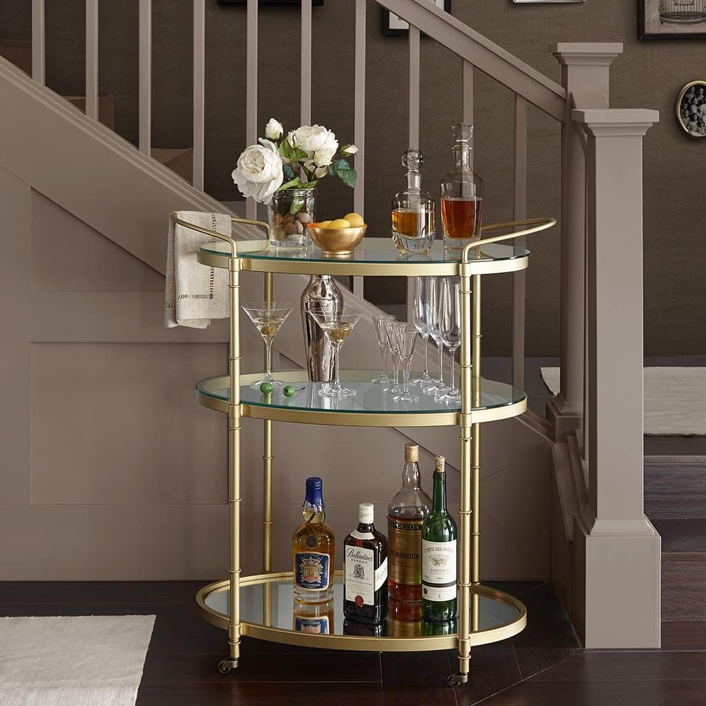 Antique Gold Bar Cart with Glass Shelves Q882362