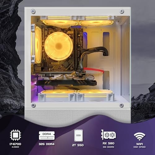 Gaming Desktop PC, Radeon RX 580 16G GDDR5, Intel Core i7-6700 up to 4.0G, 32G DDR4, 2T SSD, 600M WiFi, BT 5.0, RGB Fan x 3, RGB Keyboard & Mouse, RGB Mouse Pad, RGB BT Sound Bar, W10H64 W25729