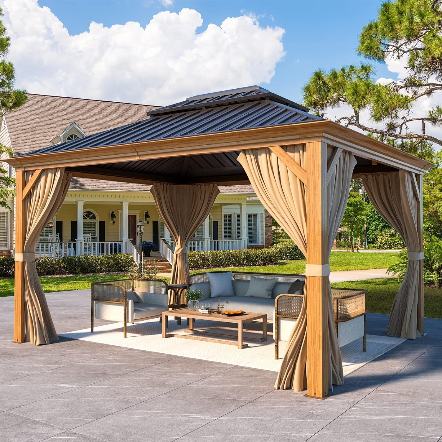 10' x 12' Hardtop Gazebo with Galvanized Steel Double Roof and Curtains S274189