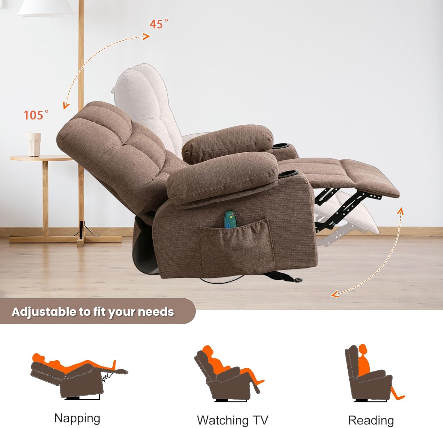 Brown Manual Fabric Recliner Chair with 8 Points Power Massage I27907