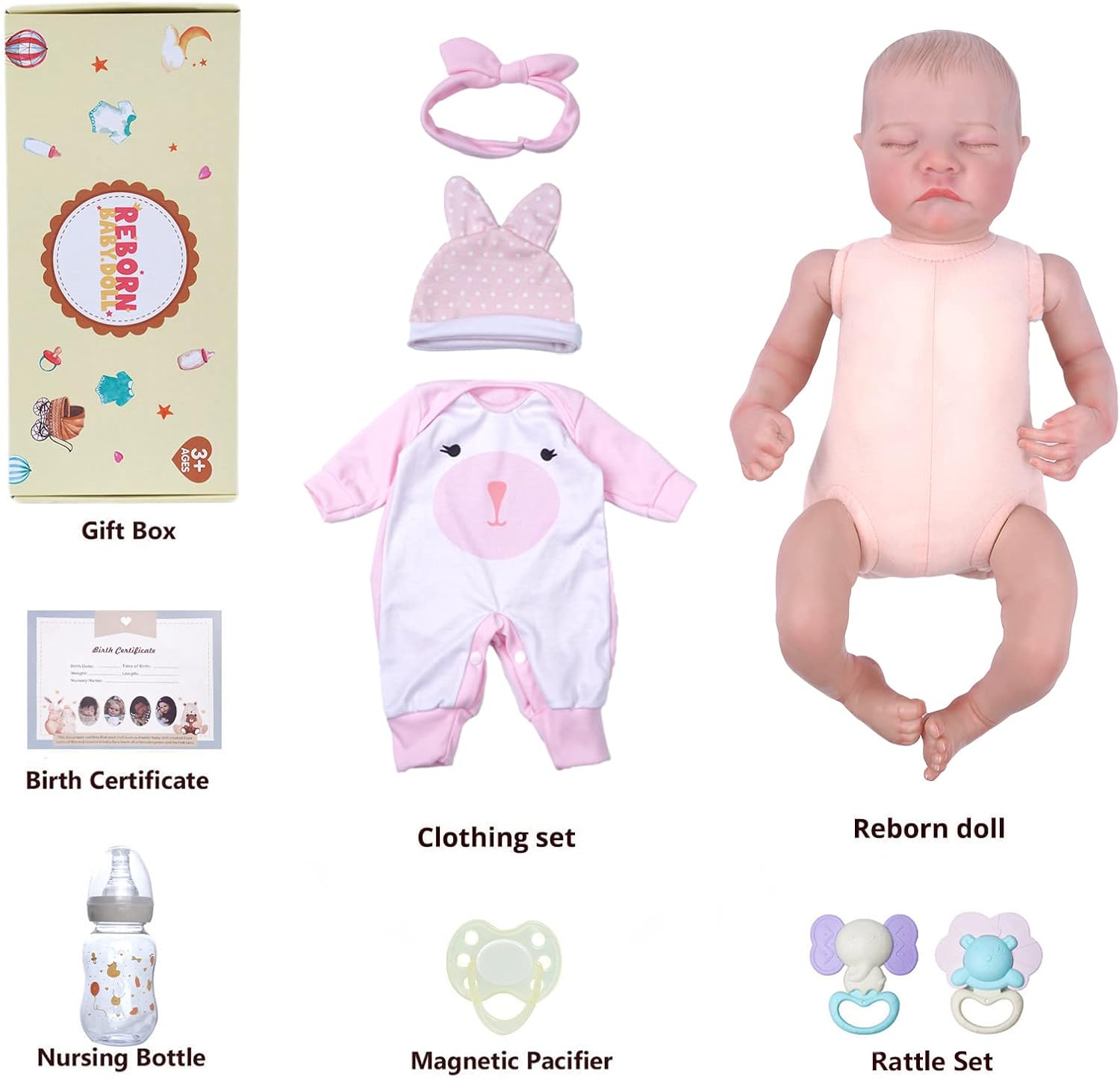 17-Inch Soft Cloth Body Realistic Newborn Baby Dolls with Toy Accessories T614