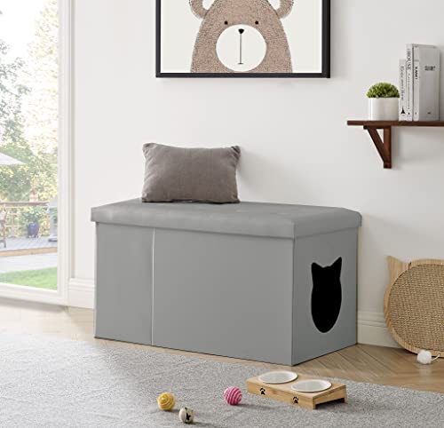 Grey Cat Litter Box Enclosure Bench Ottoman E467288