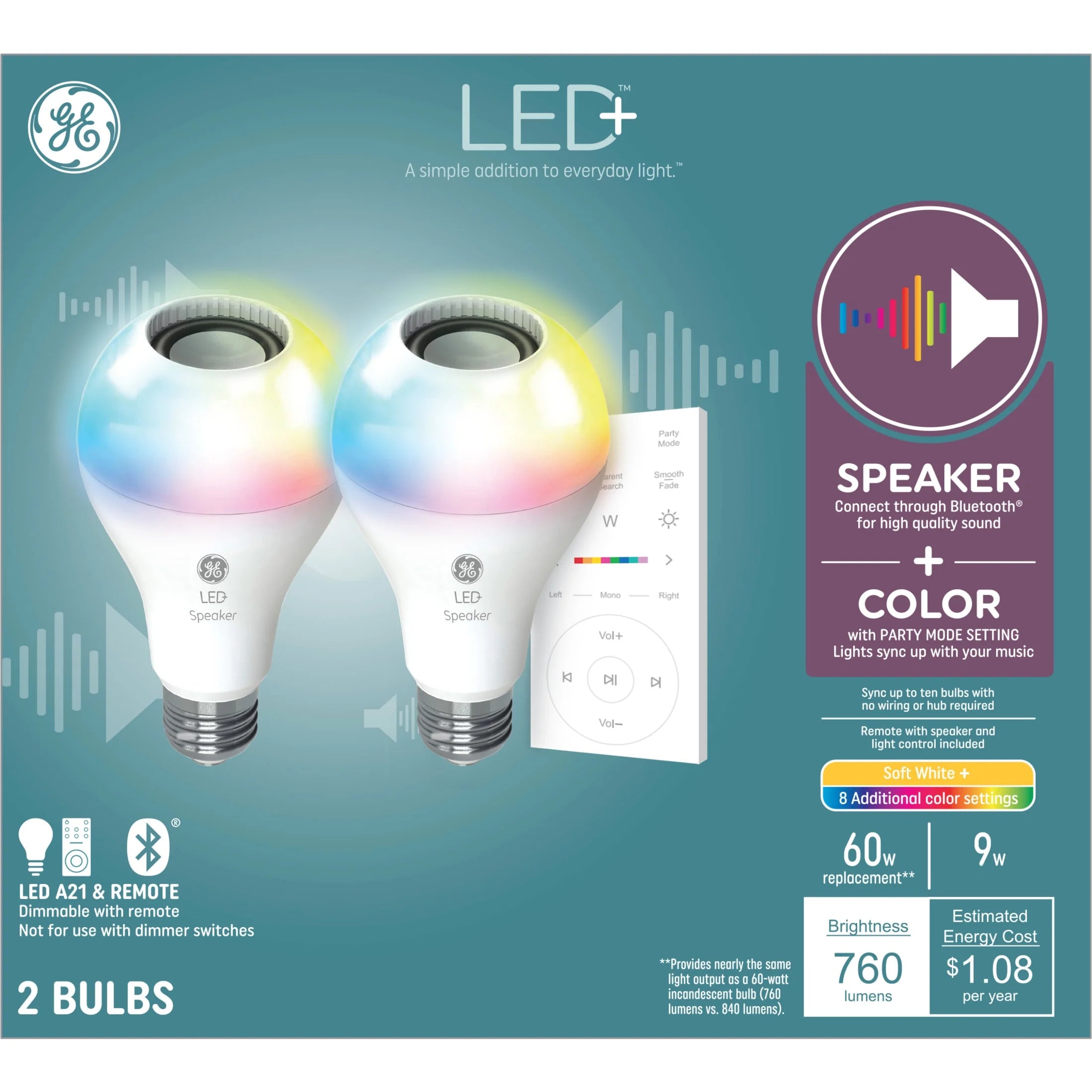 2pk Color Changing 60 Watt LED Light Bulb Q2167