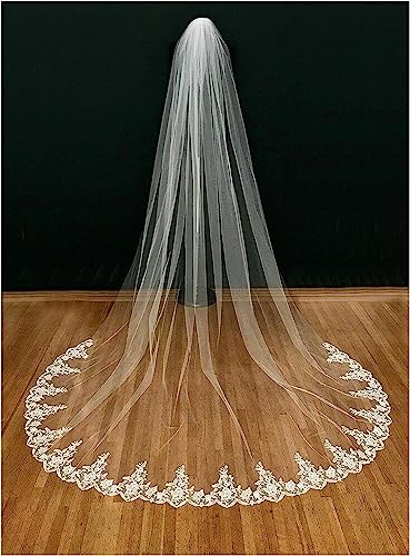 White Ivory Wedding Veil 3m with Comb Lace Cathedral Veil Ribbon E821