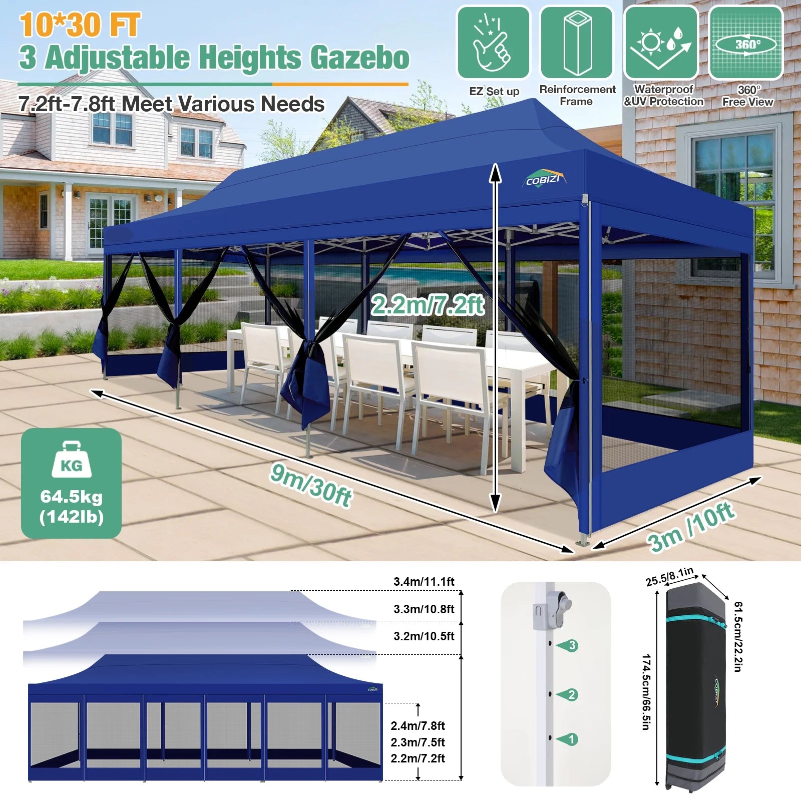 Dark Blue 10x30 Heavy Duty Pop Up Canopy with Netting Screened B704