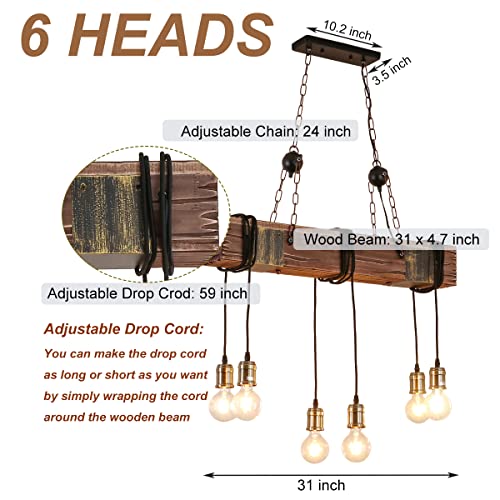 10 Heads Rustic Wood Beam Hanging Pendant Light Fixture X669202