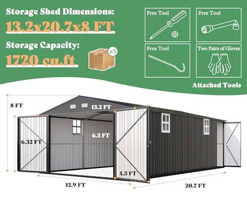 13.2x21x8 FT Outdoor Metal Garage Shed with Double Hinged Doors and 4 Windows U37043