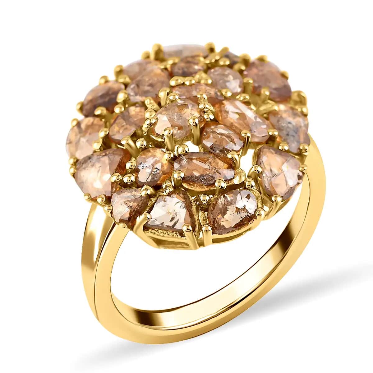 Champagne Diamond Mix 925 Sterling Silver 14K Yellow Gold Plated Cluster Ring Size 8 Z890