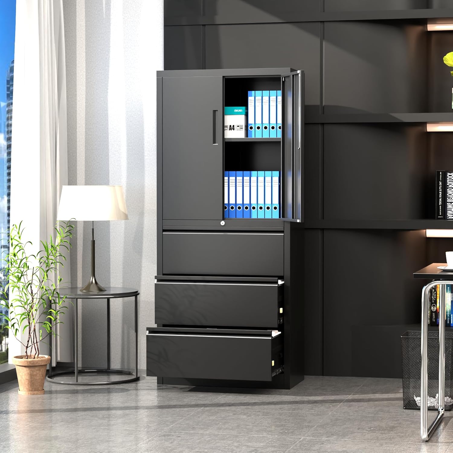 Black 3 Drawer Metal File Cabinet with Lock X336
