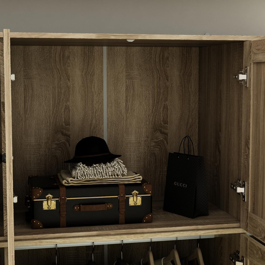 Light Brown 8 Door Wardrobe Armoire with Rattan Doors, 5 Drawers, 2 Hanging Bars R192