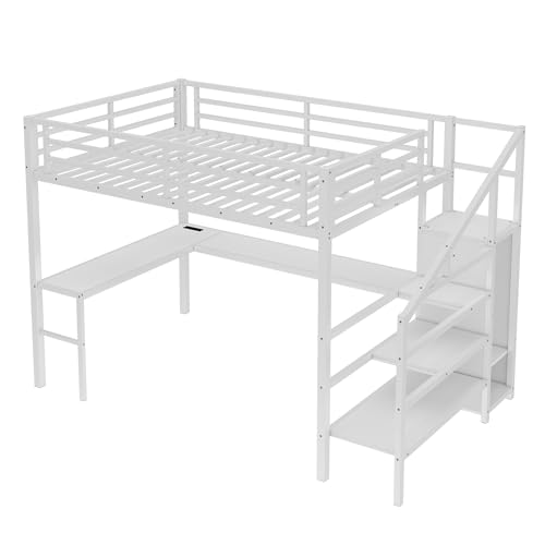 Queen Size Metal Loft Bed with LED Lights & USB Ports, White N999042