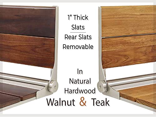 Teak Shower Seat - Type 304 Stainless Steel/Contoured 1" Natural Wood Slats/ADA Folding Wall Mount Bench/Matte Black / 18" x 16" K82668