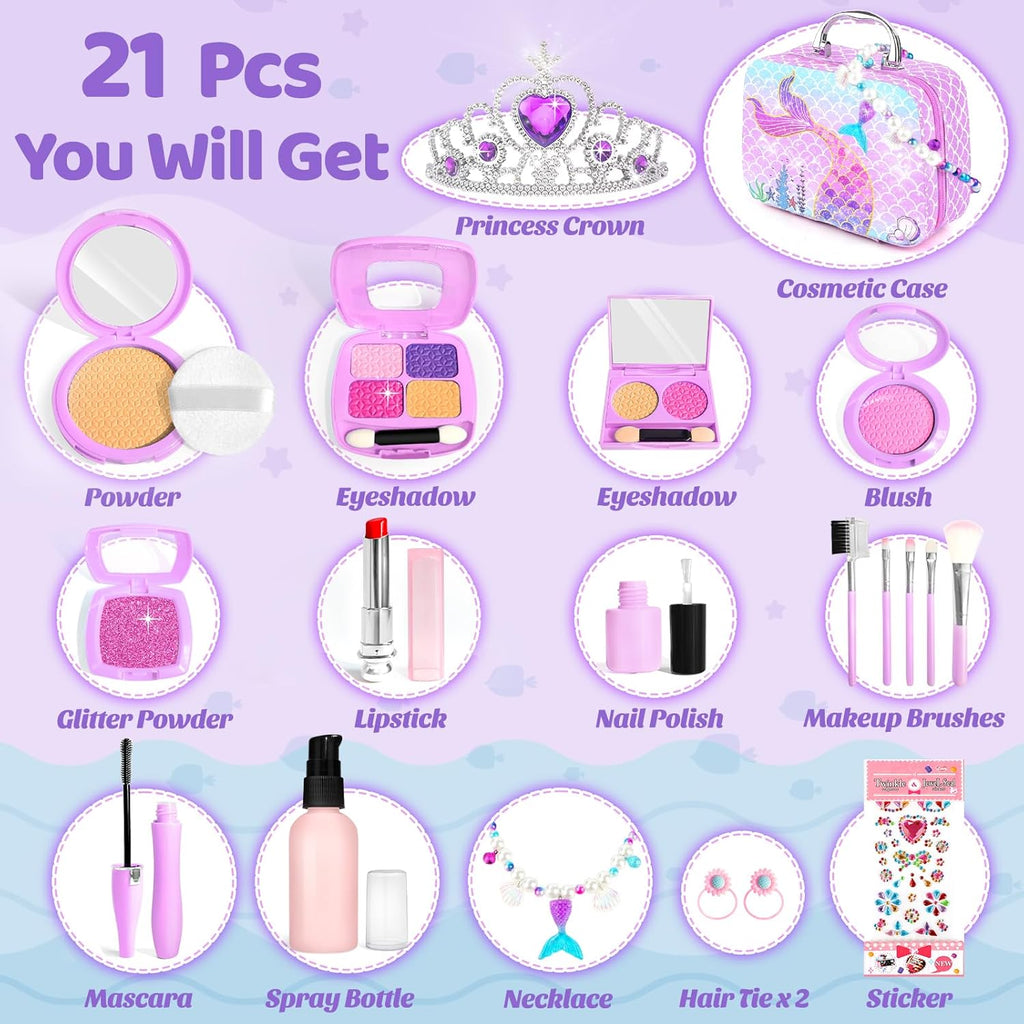 Pretend Makeup for Toddlers Toys, Fake Makeup Mermaid Toys for Girls Purse, Toddler Makeup Kit N142