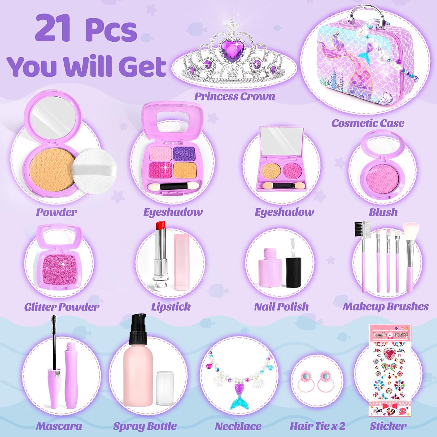 Pretend Makeup for Toddlers Toys, Fake Makeup Mermaid Toys for Girls Purse, Toddler Makeup Kit N142