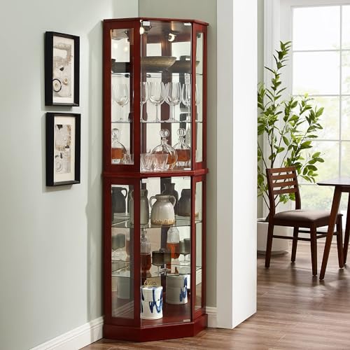 Walnut 6 Tier Corner Curio Cabinet with Mirror S34174