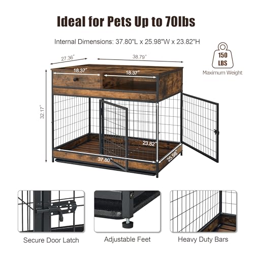 Rustic Brown 31.5 Inch Wooden Dog Crate with Storage Drawer T6345