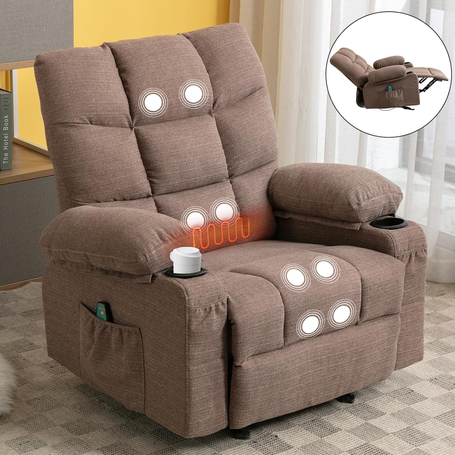 Brown Manual Fabric Recliner Chair with 8 Points Power Massage I27907