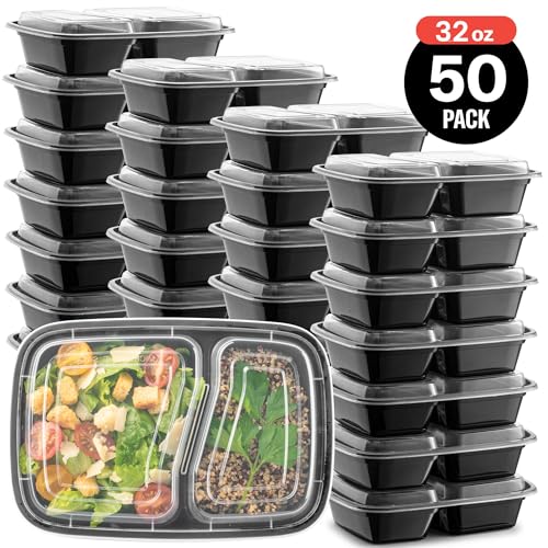 50-Pack 32 oz 2 Compartment Reusable BPA Free Plastic Food Storage Containers with Lids R92384