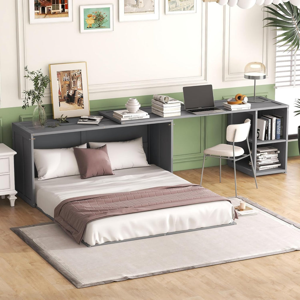 Gray Queen Size Murphy Cabinet Bed with Rotatable Desk and Shelves I192