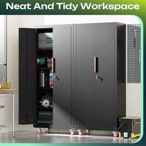 Metal Garage Storage Cabinet with 5 Adjustable Shelves, Lockable Heavy Duty Steel Cabinet with Wheels R1822