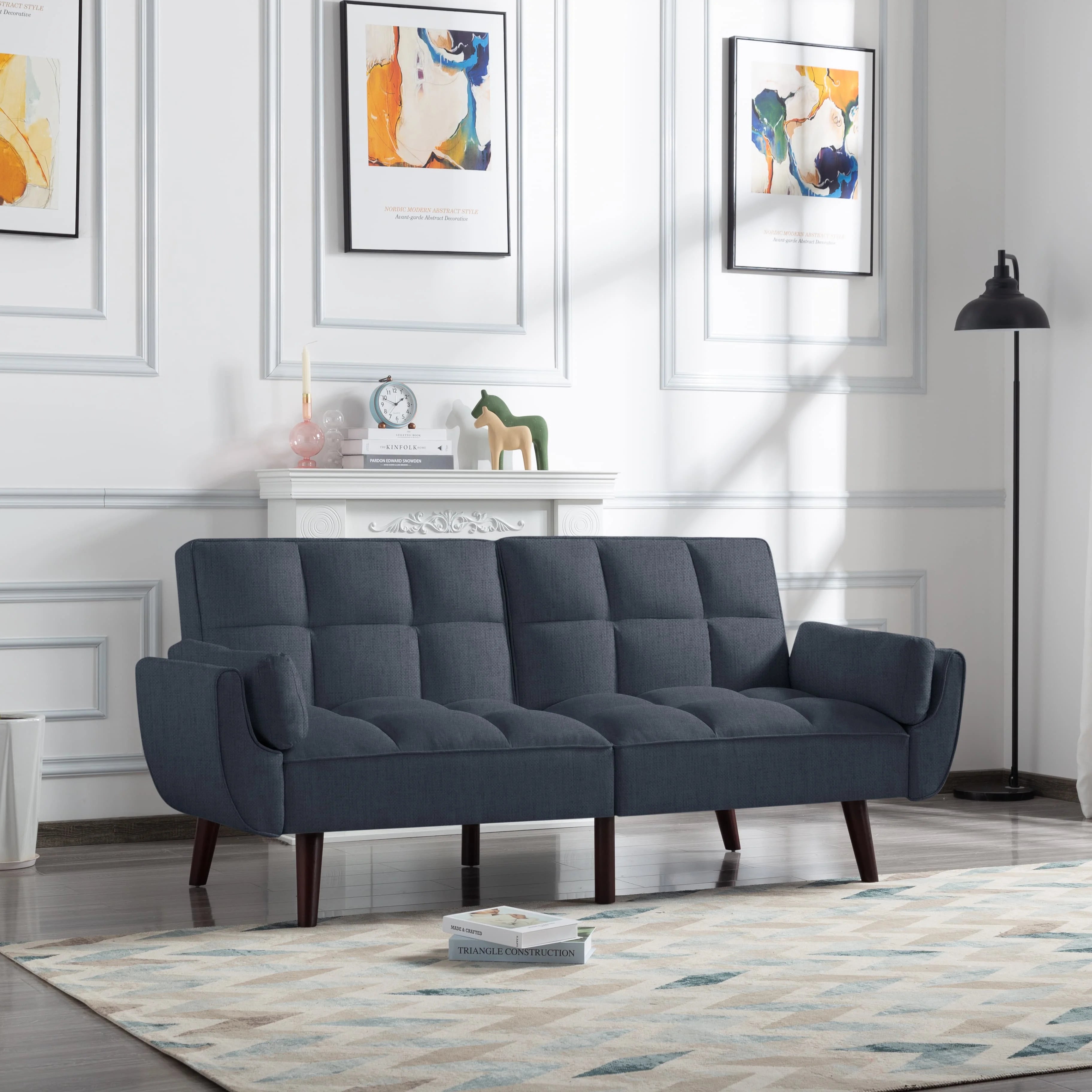 76" Futon Sofa Bed, Upholstered with Polyester, Wood Frame, Dark Gray C633521
