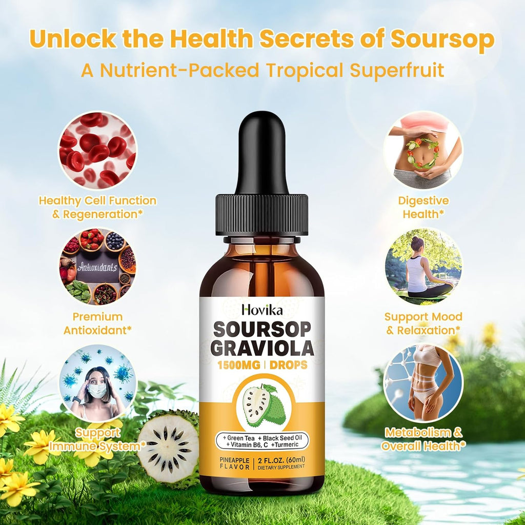 Soursop Graviola Liquid Drops 1500mg with Green Tea, Black Seed Oil, Turmeric 2 Fl Oz C835719