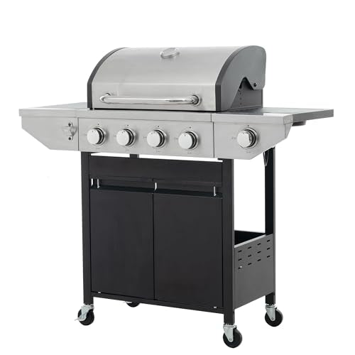 4 Burner Gas Grill with Side Burner, Stainless Steel Propane BBQ Grill with Built in Thermometer E2360