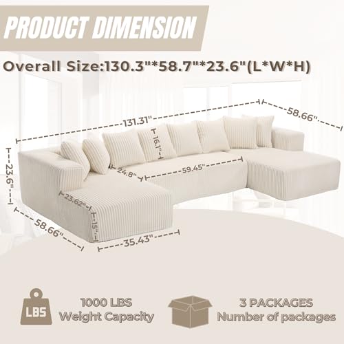 Beige 4-Seater Corduroy U-Shaped Sectional Sofa with 8 Pillows E55165