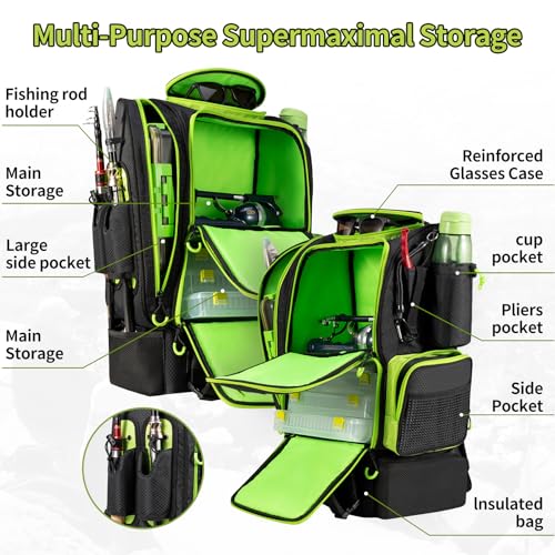Large Fishing Backpack with Cooler for Tackle Boxes with Rod Holders U113