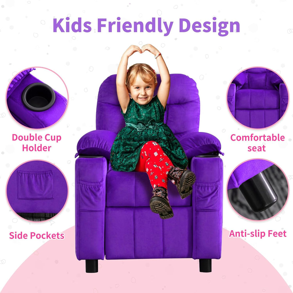 Purple Velvet Toddlers Kids Recliner Chair with Cup Holder V6260
