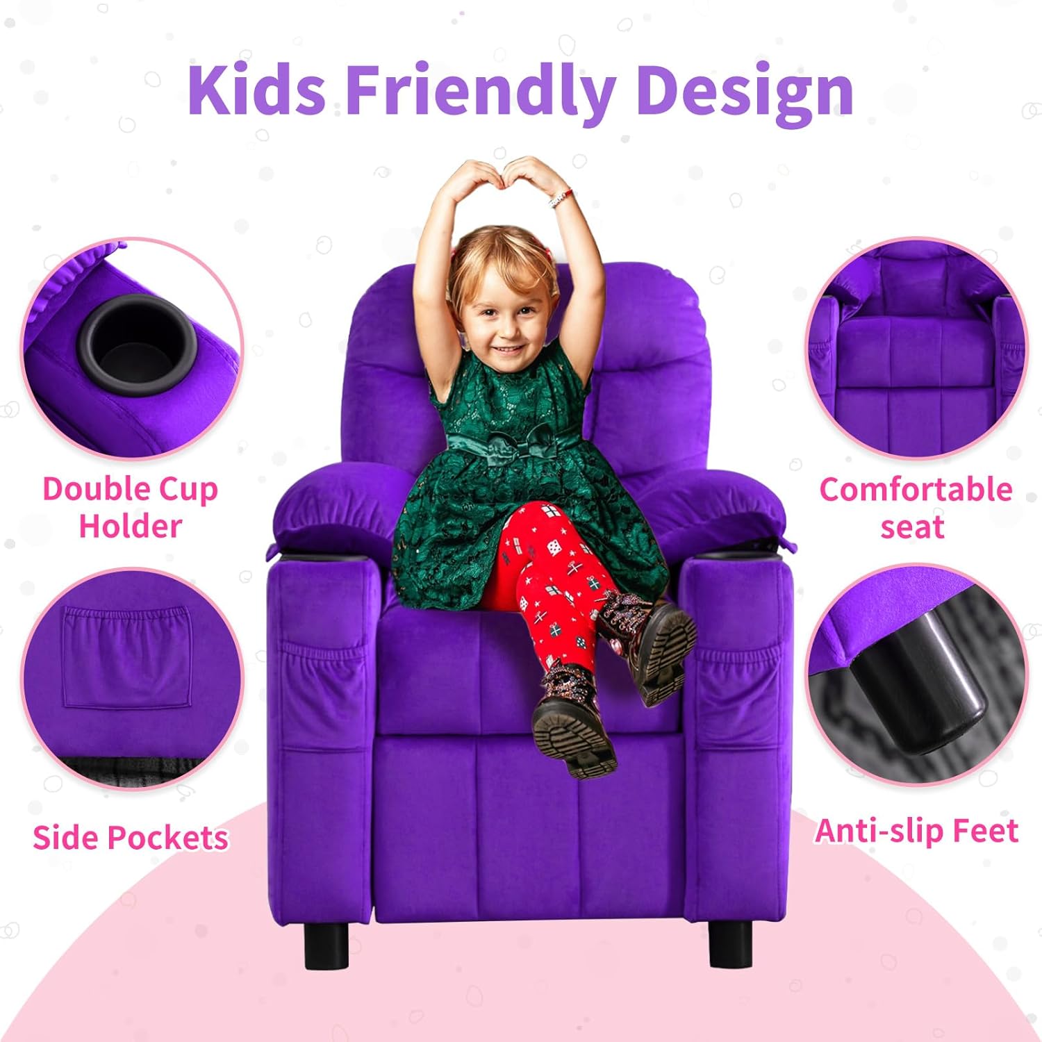 Purple Velvet Toddlers Kids Recliner Chair with Cup Holder V6260
