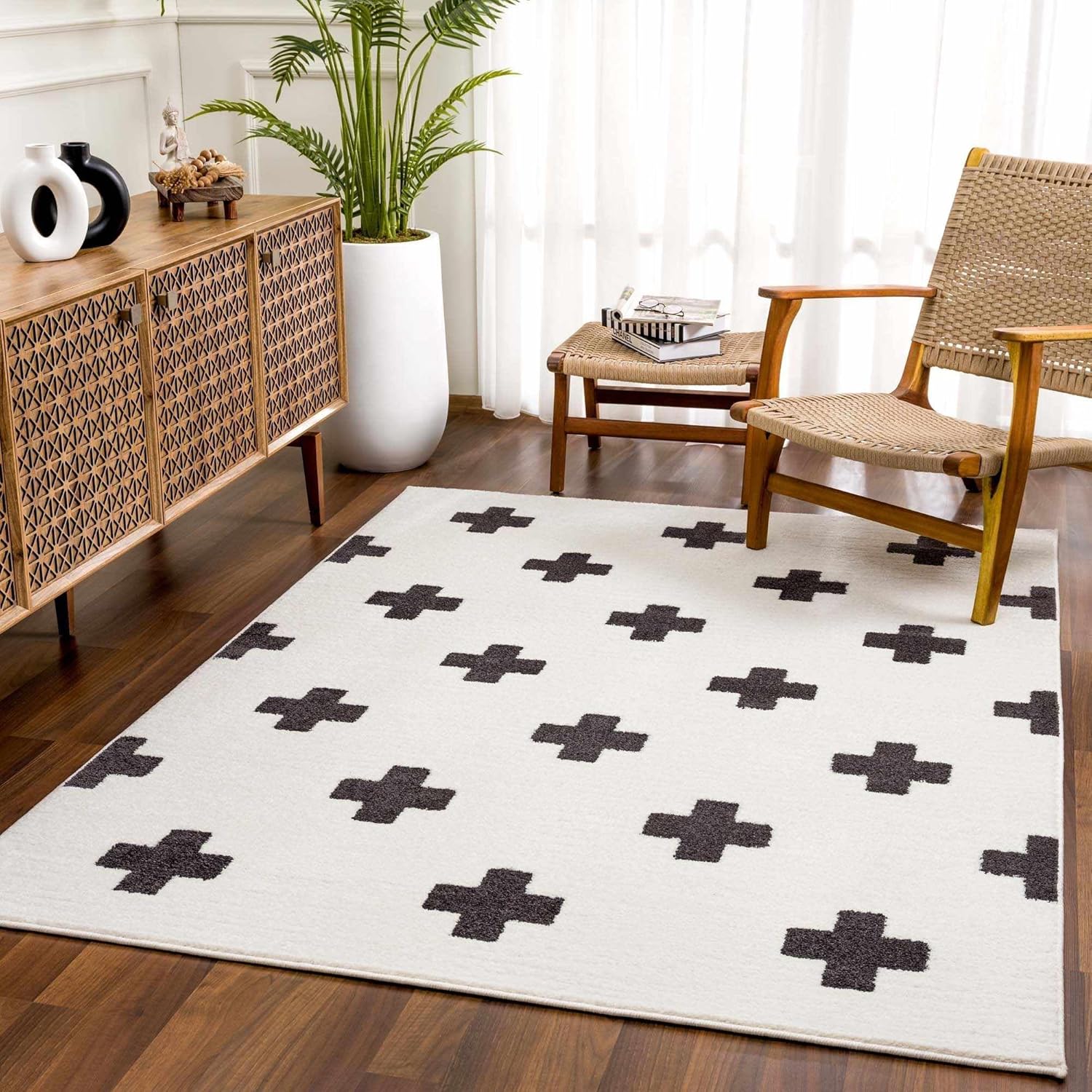 Black White 7'10" x 10'3" High Pile Area Rug B40145