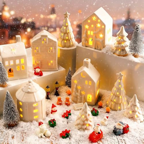 30 Pcs White Ceramic Christmas Village Set with LED Lighted Houses N1355