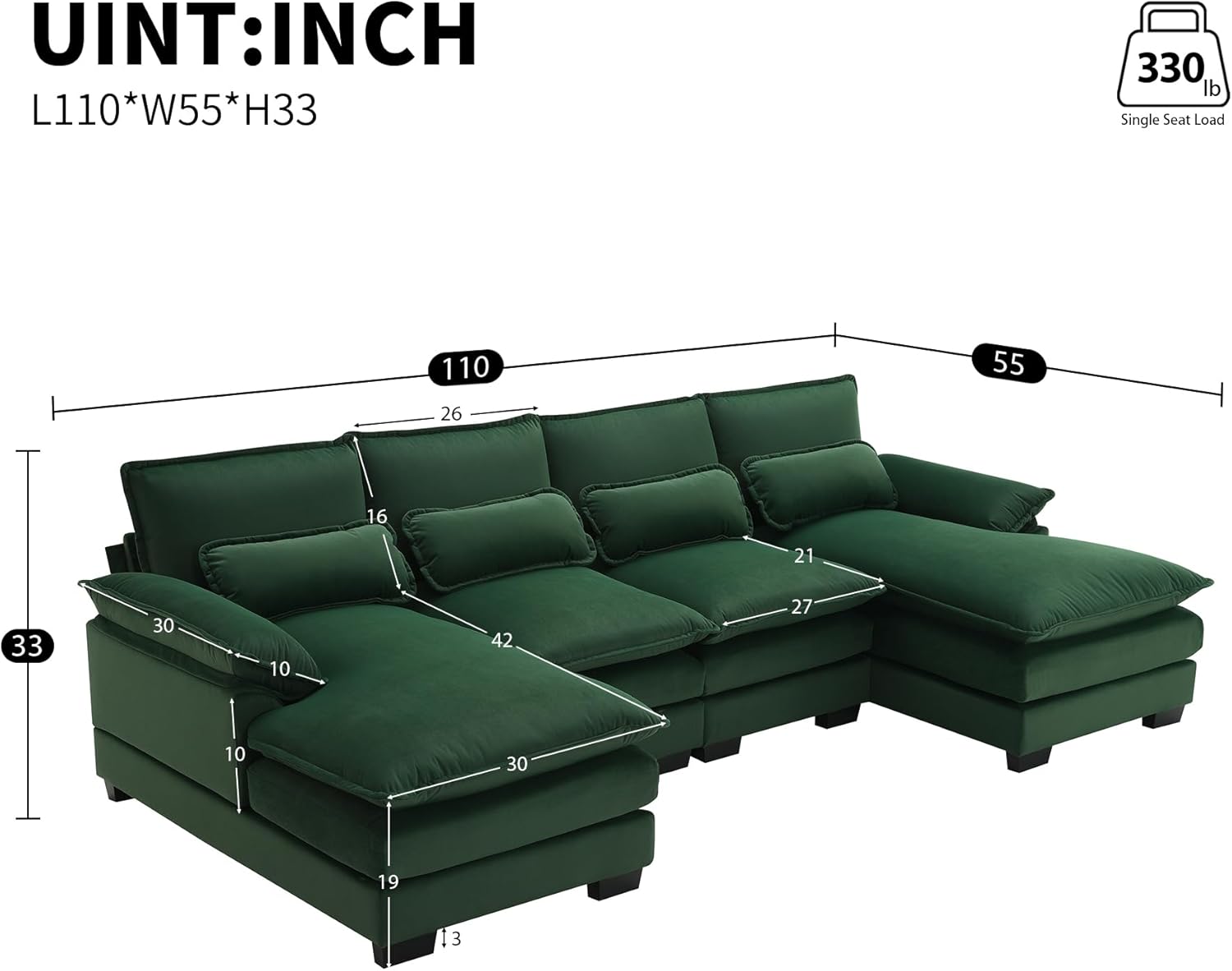 Green Upholstered Sectional Sofa with Chaise Lounge T953464
