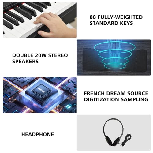 88 Key Weighted Keyboard with Hammer Action, 2x30W Speakers, Adjustable Stand, Carrying Case, Sustain Pedal, Headphone, Black O1729