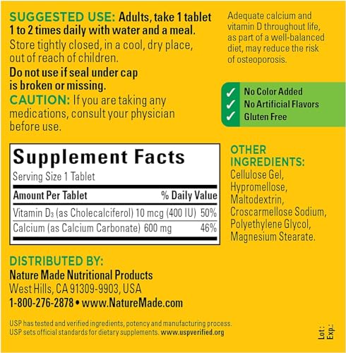 220 Tablets Calcium 600 mg with Vitamin D3 Dietary Supplement I4354