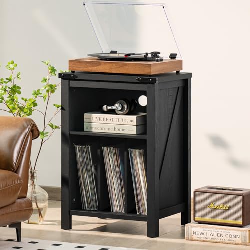 Rustic Brown Wood Record Player Stand with Vinyl Record Storage W79910