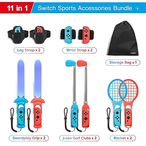 11 in 1 Switch Sports Accessories Bundle with Tennis Rackets, Golf Clubs, Swords, Wrist and Leg Strap, Storage Bag D48697