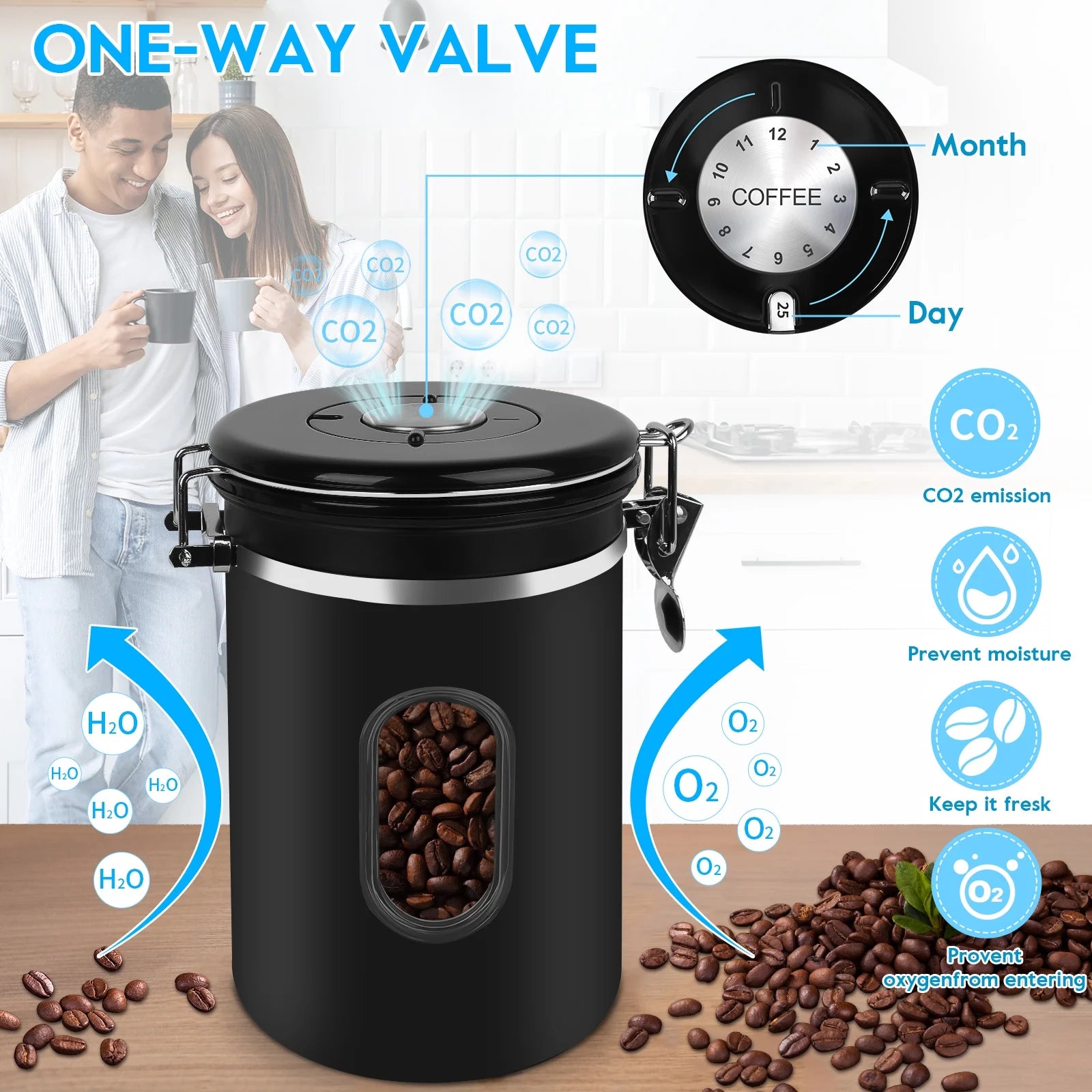 60oz 304 Stainless Steel Airtight Coffee Canister Black O4983