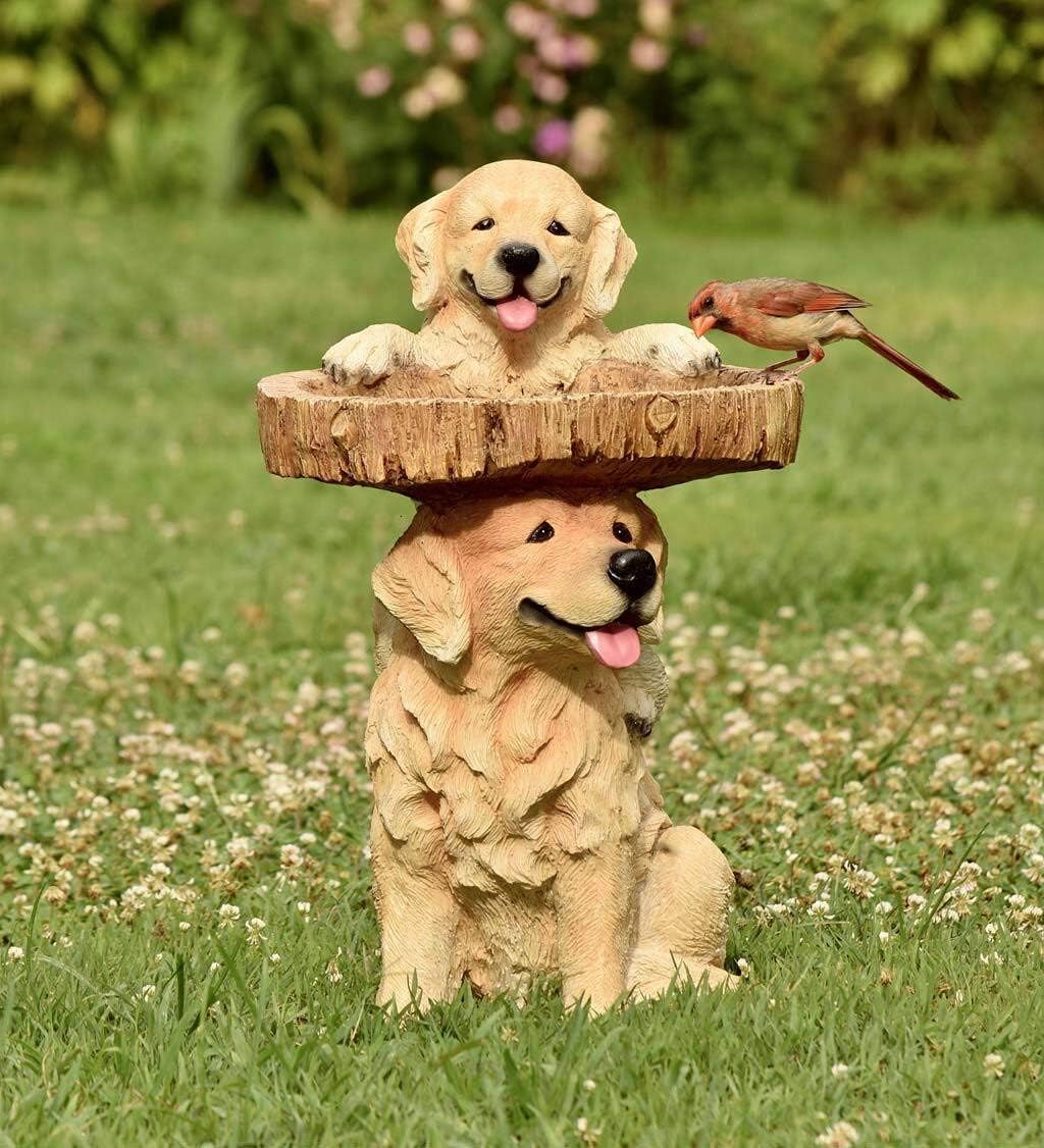 Two Playful Golden Retriever Puppies Resin Birdbath, 13¼ Dia. x 22 H M30033