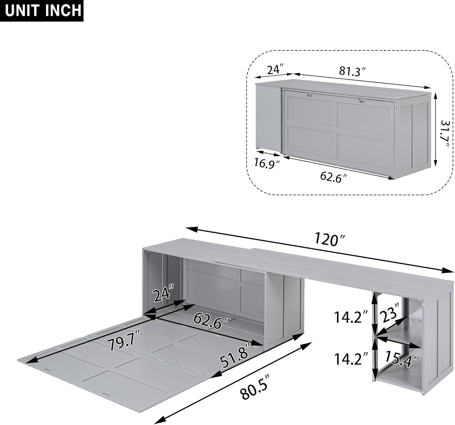 Gray Queen Size Murphy Cabinet Bed with Rotatable Desk and Shelves I192