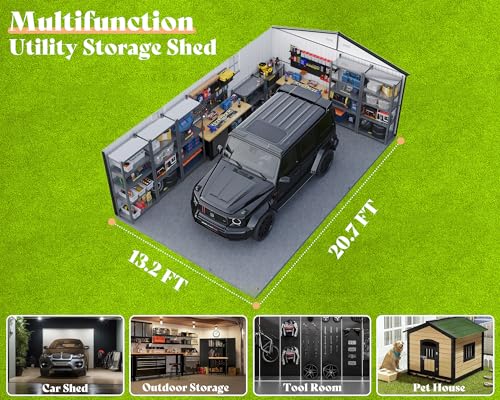 13.2x21x8 FT Outdoor Metal Garage Shed with Double Hinged Doors and 4 Windows U37043
