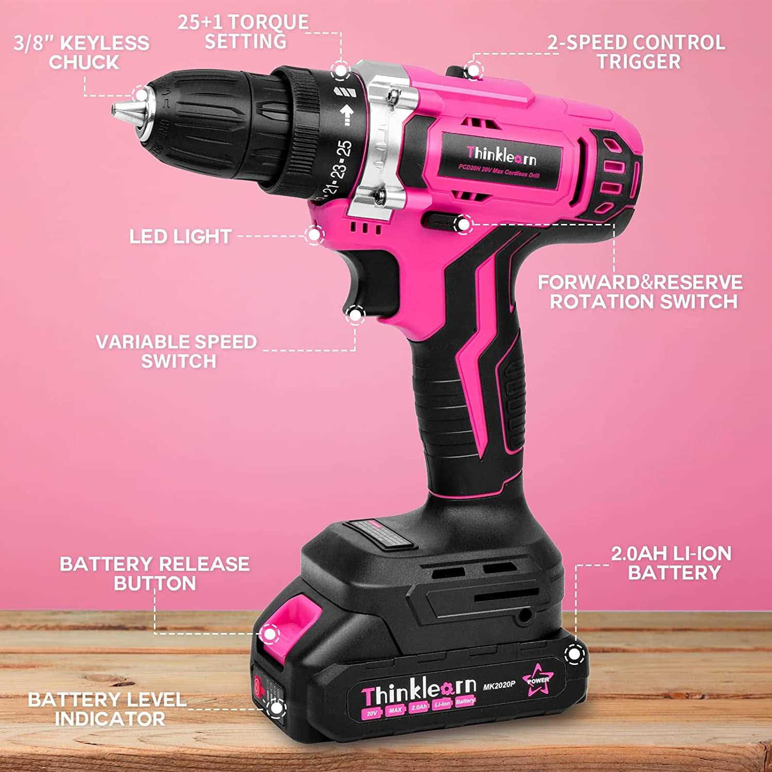 Pink Cordless Drill Set 20V Lithium-ion Power Drill Set with 67Pcs Drill Driver Bits H37128