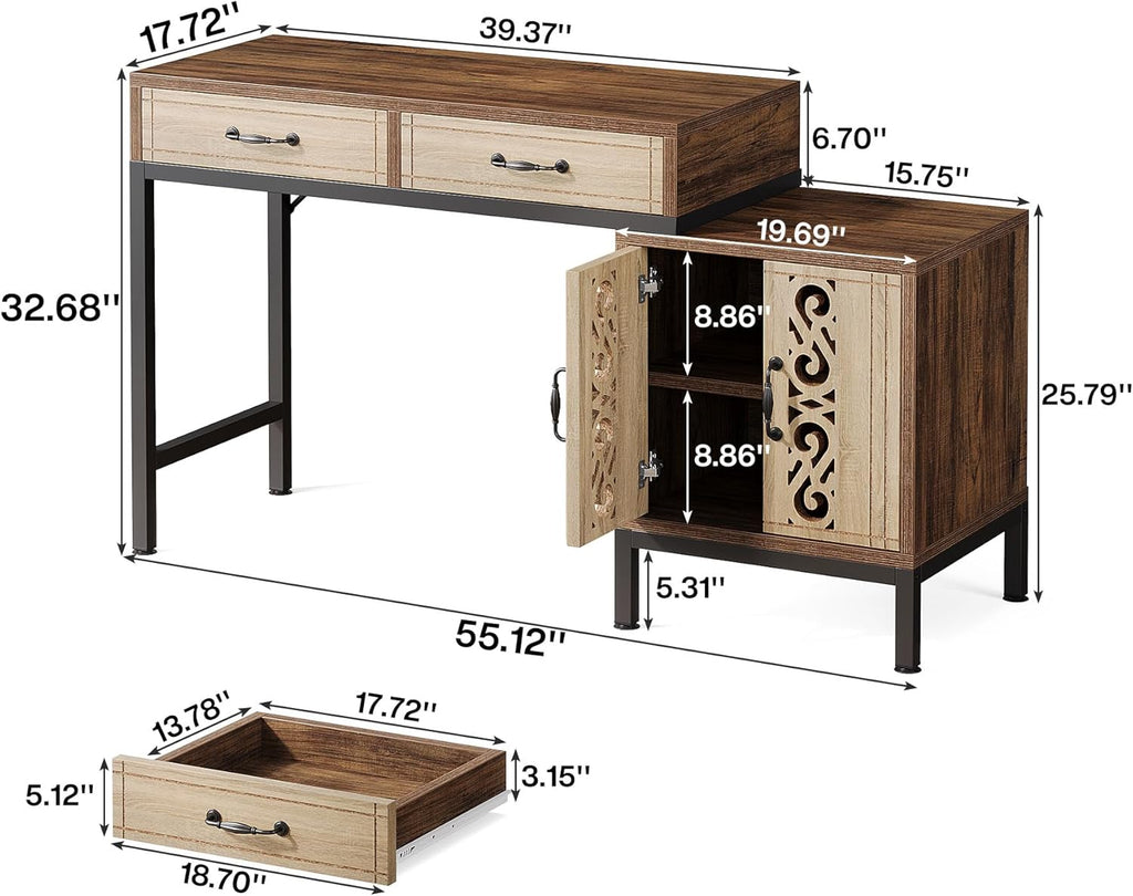 55-Inch Computer Desk with Drawers and Storage Cabinet, Brown O6477
