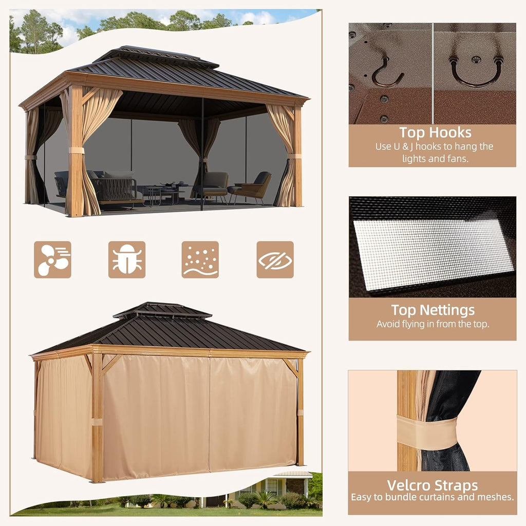 10' x 12' Hardtop Gazebo with Galvanized Steel Double Roof and Curtains S274189