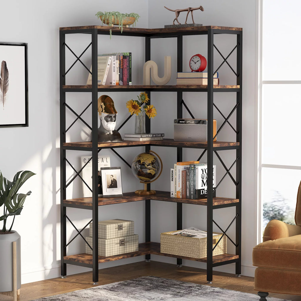 5-Tier Rustic Brown Corner Bookshelf P60210