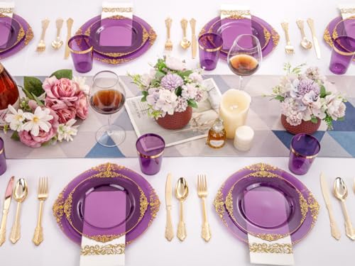350PCS Clear Gold Plastic Plates Dinnerware Sets O670