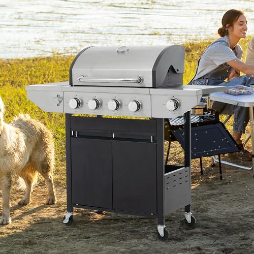 4 Burner Gas Grill with Side Burner, Stainless Steel Propane BBQ Grill with Built in Thermometer E2360