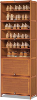 Tall Bamboo Shoe Storage Cabinet with Doors, 10 Tier Freestanding Shoe Shelf Rack R3747