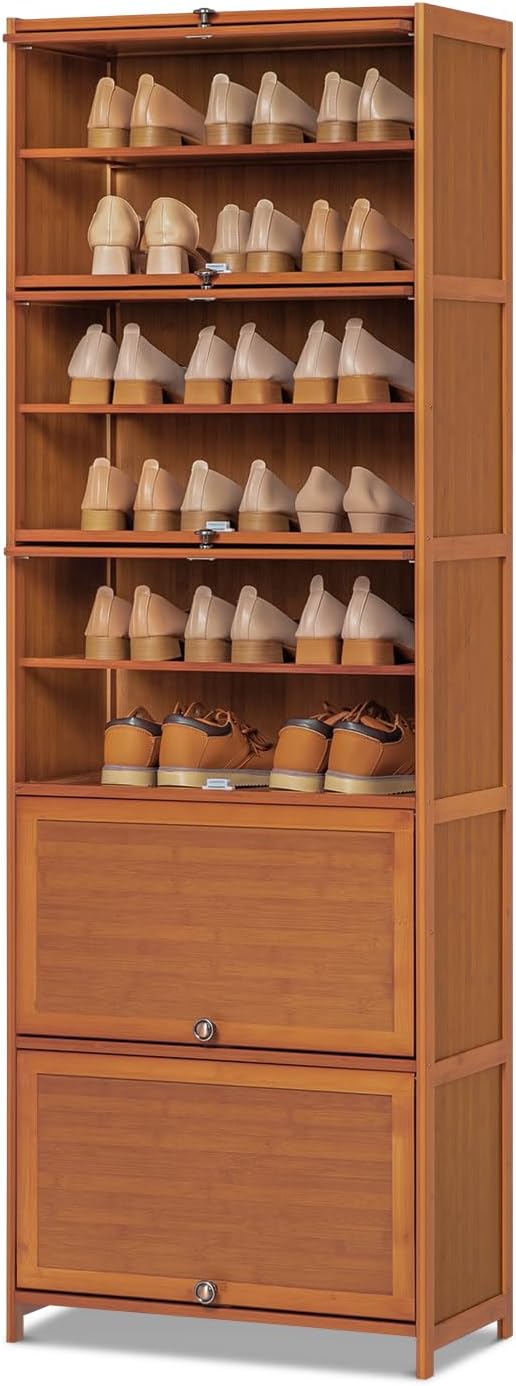 Tall Bamboo Shoe Storage Cabinet with Doors, 10 Tier Freestanding Shoe Shelf Rack R3747